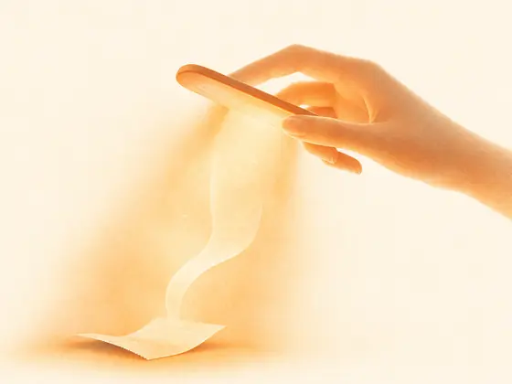 A hand holds a phone whose light falls on a paper receipt; the receipt rises as a glowing ghost of itself.