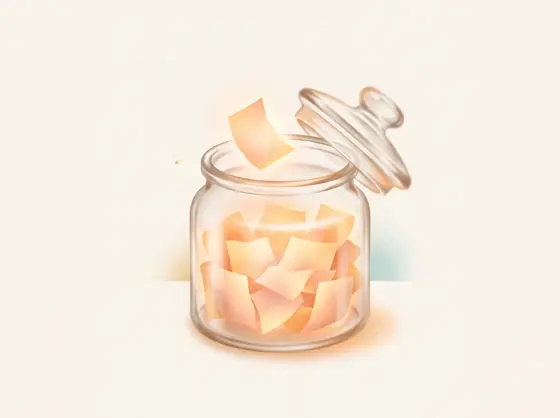 A glass jar of softly glowing paper slips, lid ajar, one last slip drifting in.